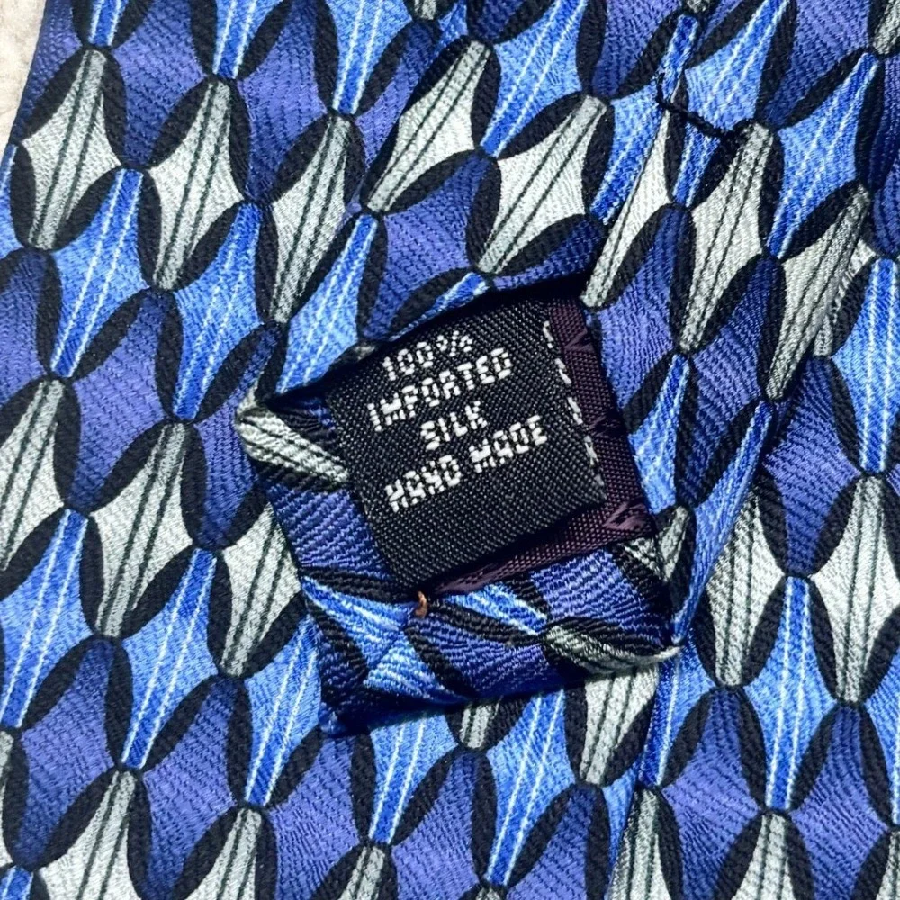 Louis Roth Silk Tie Mens OS Blue Silver‎ Geometric Diamond Hand Made Vintage